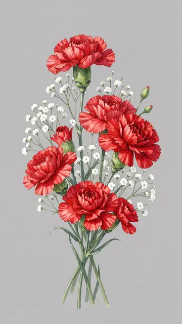 Watercolor illustration of a loose red carnation and white gypsophila bouquet on a dove gray background