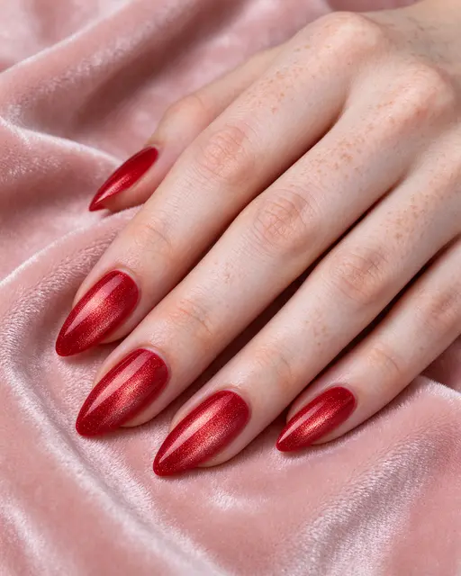 Fair freckled hand with crimson almond cat-eye nails rests on blush velvet fabric