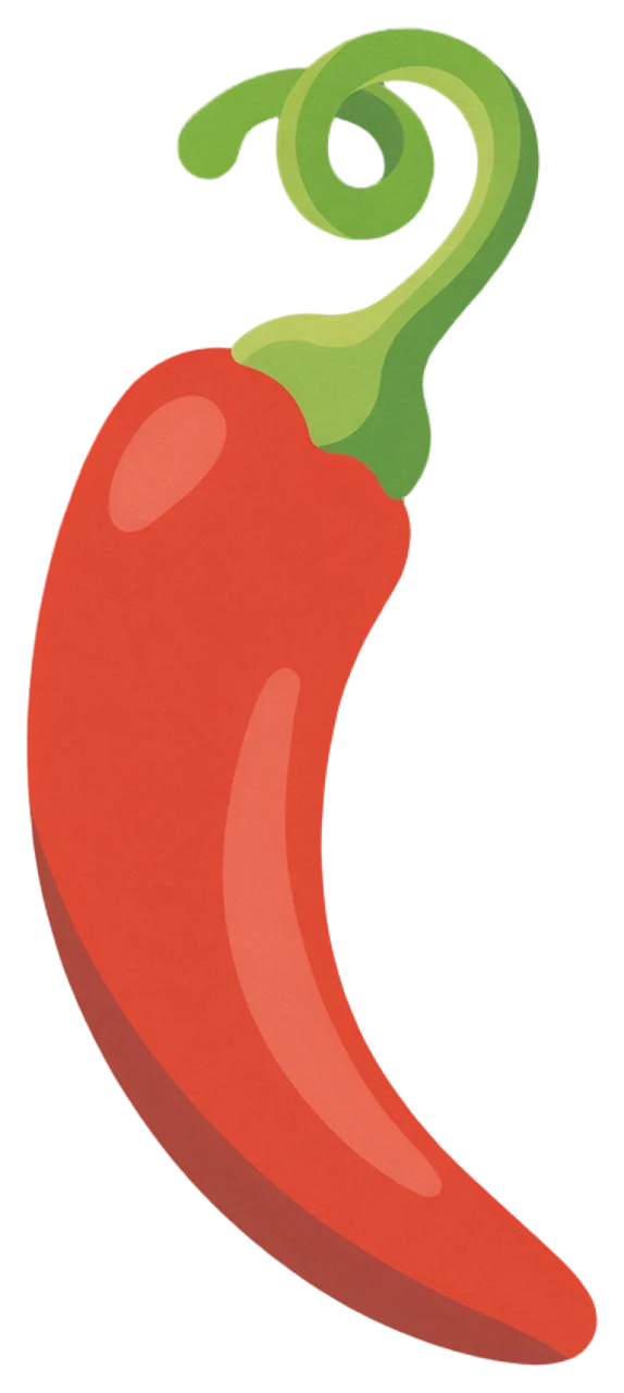 Flat illustrated curved red cayenne pepper with a curled green stem