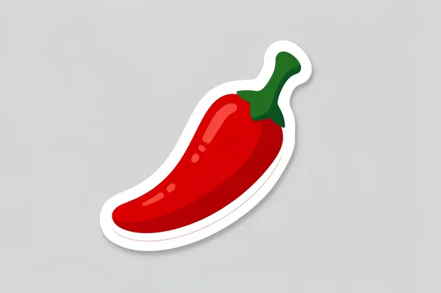 Die-cut style sticker of a glossy red chili pepper on a plain light gray background