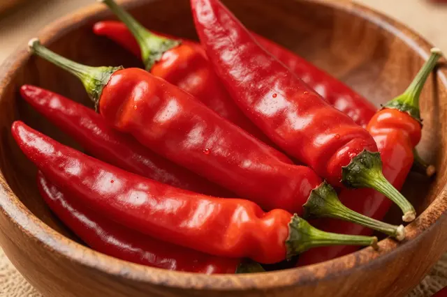 Fresh glossy red chili peppers with water droplets rest inside a warm wooden bowl.