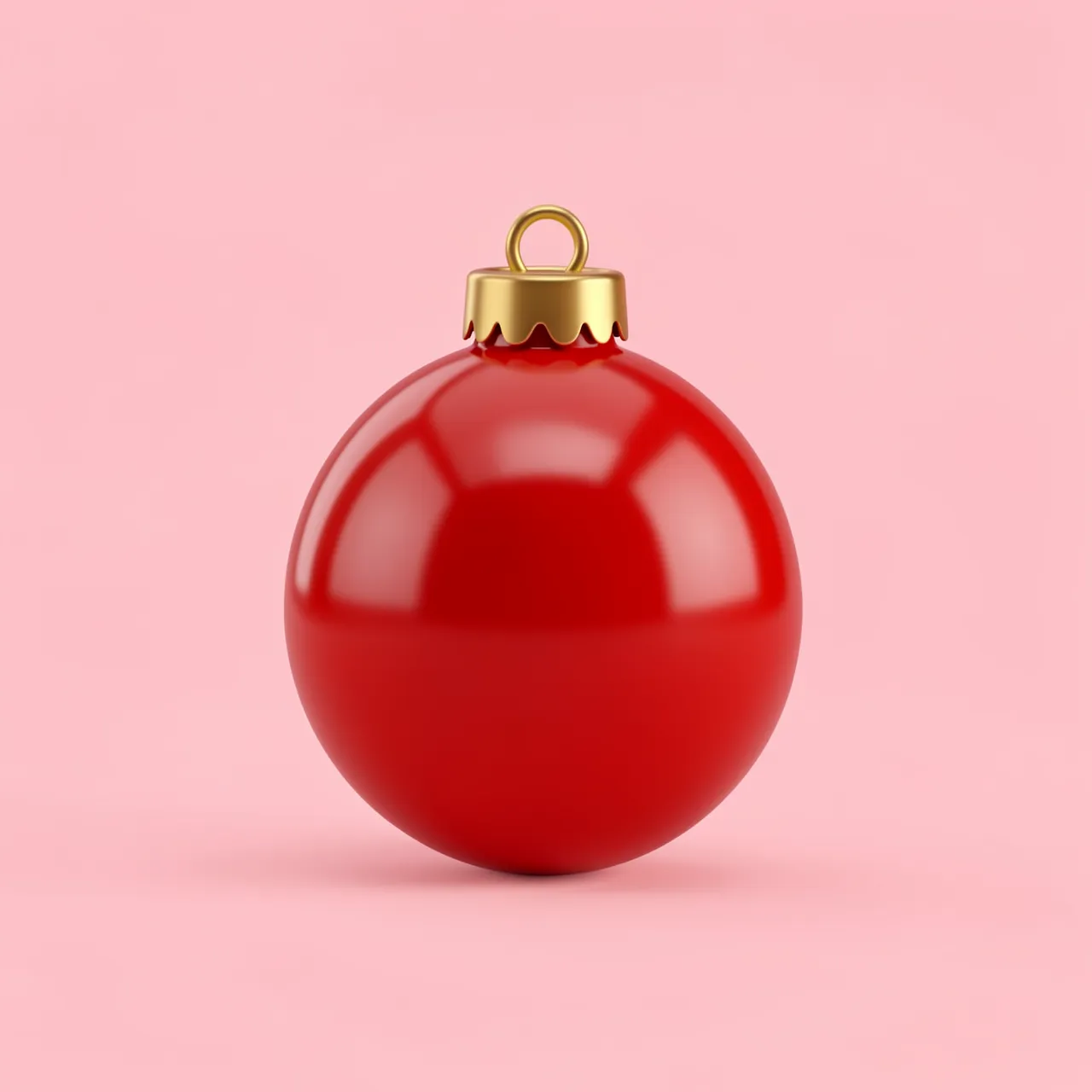A glossy red Christmas bauble with a gold hanging cap sits against a soft solid pink background.