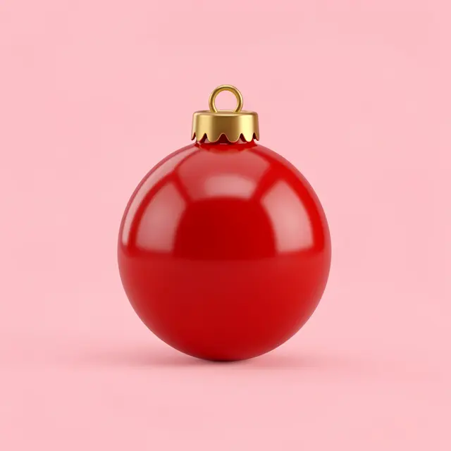A glossy red Christmas bauble with a gold hanging cap sits against a soft solid pink background.