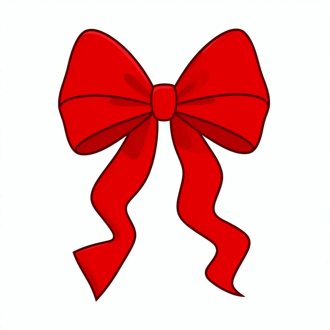 Flat cartoon style illustration of a bright red bow with curved tails isolated on a plain white background
