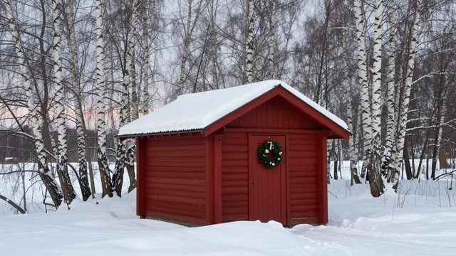 Red wooden cabin with a festive wreath on the door sits in deep snow among leafless birch trees at overcast dusk