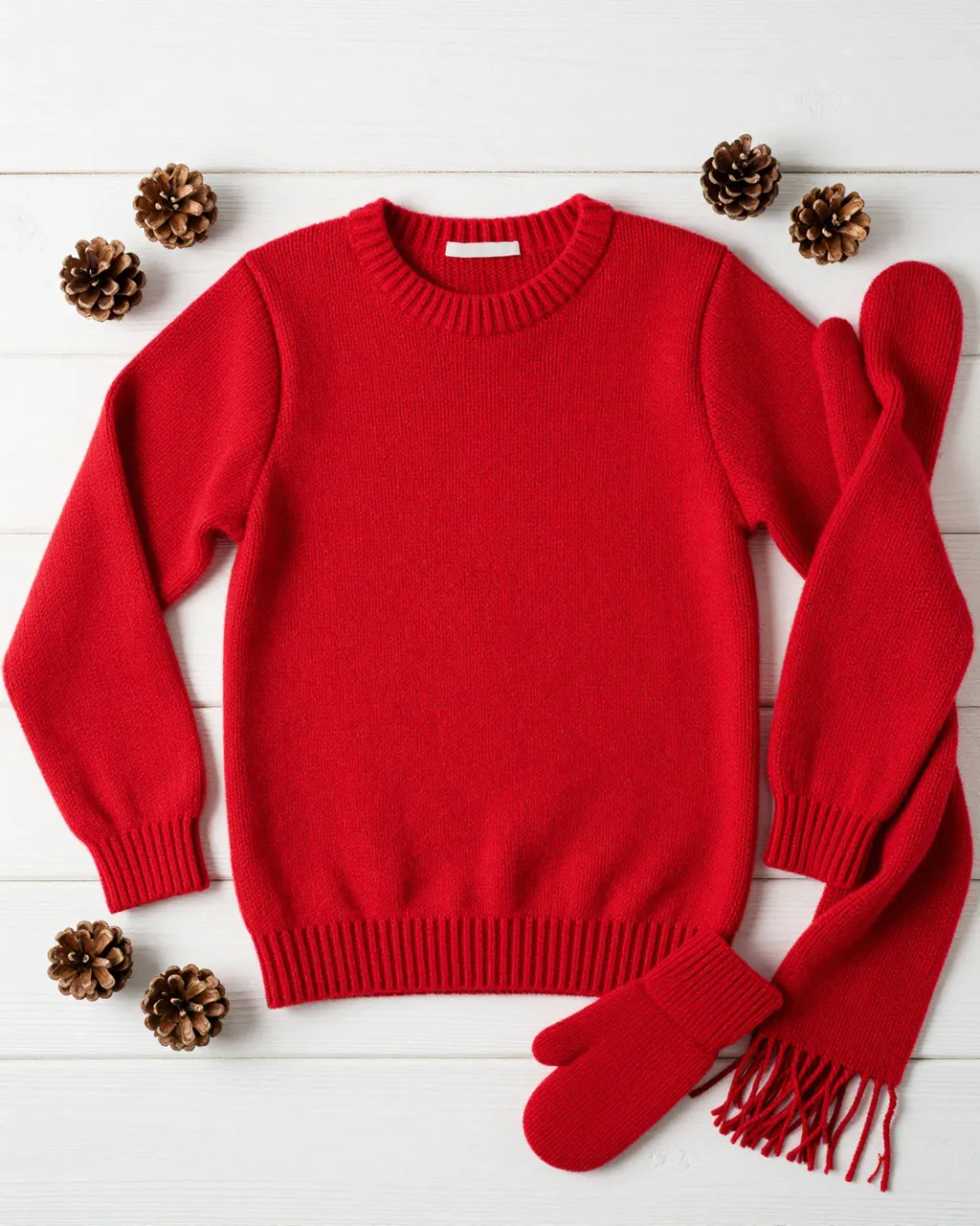 Flat lay arrangement of red wool sweater, mittens, fringed scarf and pine cones on white wooden planks