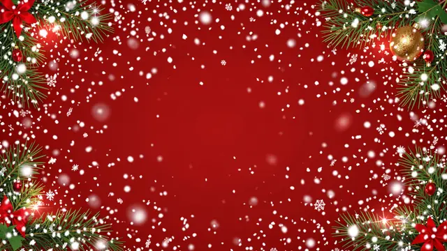 Deep red Christmas background framed by pine branches with falling snow, sparkles, and empty central copy space