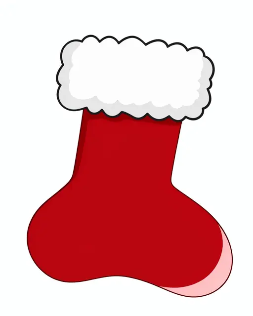 Flat cartoon illustration of a red Christmas stocking with a fluffy white cuff isolated on a plain white background