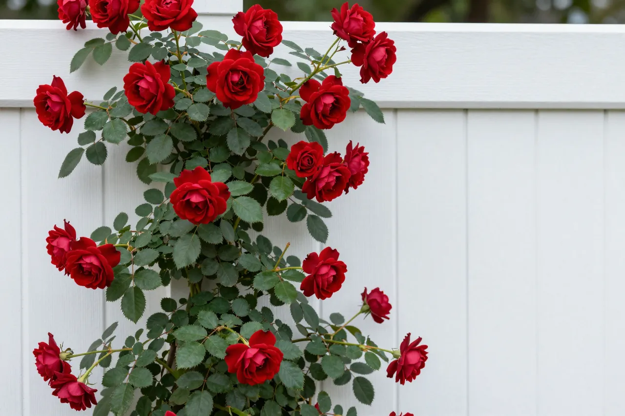 Vibrant red climbing roses with green foliage grow over a bright white wooden fence