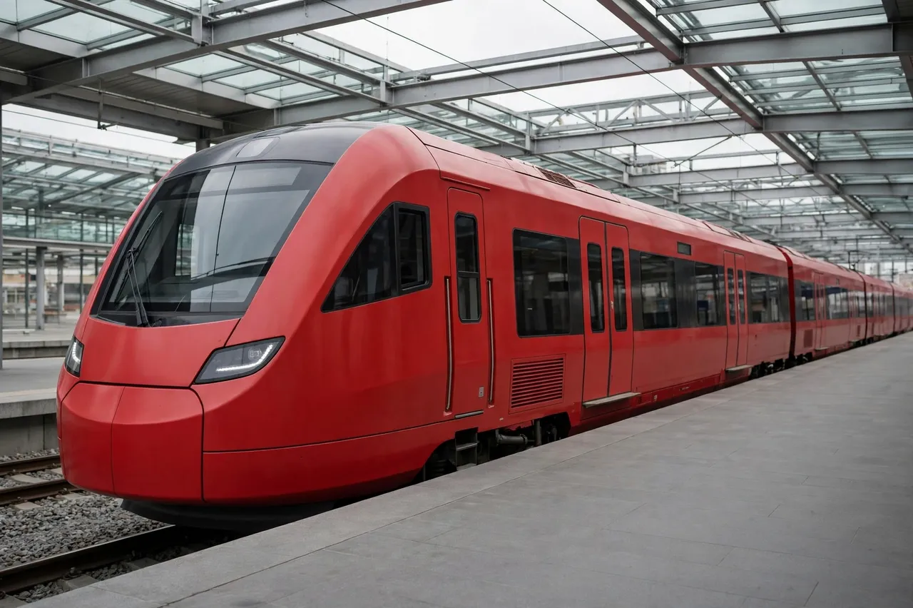 A modern red commuter train sits alongside an empty concrete platform under a glass station roof.