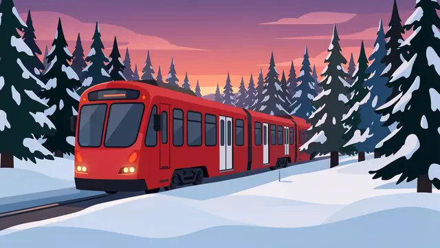 Red commuter train travels through snow covered pine trees at purple and orange dusk