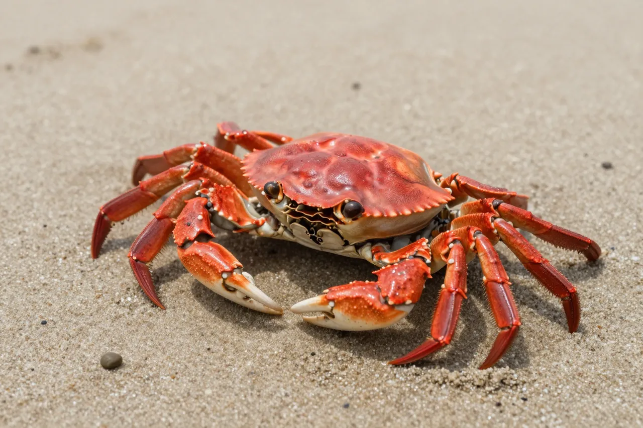 A bright red crab rests on fine light brown beach sand in direct daylight