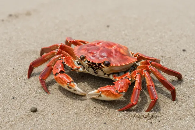 A bright red crab rests on fine light brown beach sand in direct daylight
