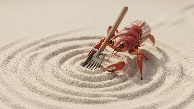 A small red crab holds a tiny rake while creating concentric swirls in light zen garden sand