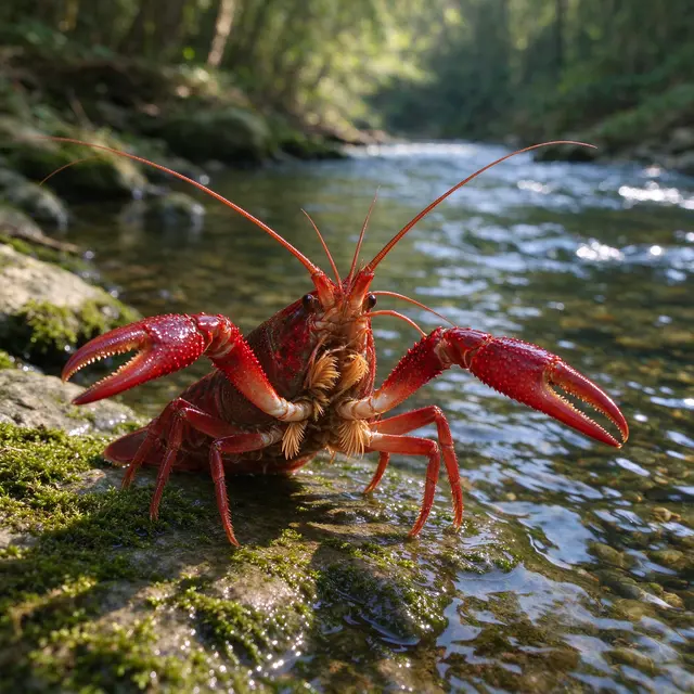 A red crawfish with raised claws rests on a mossy wet stone beside a clear forest creek in soft morning light.