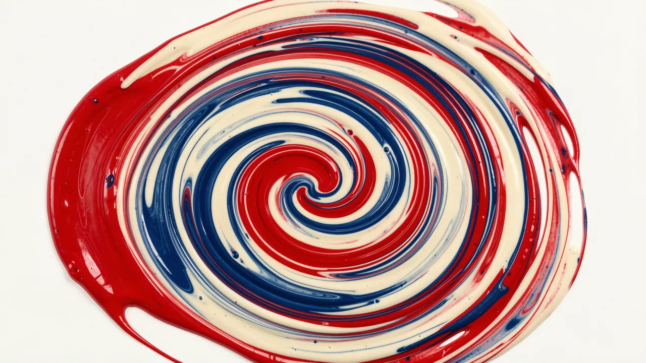 A tight outward swirling fluid paint pour in red, cream, and deep blue sits on a plain white background