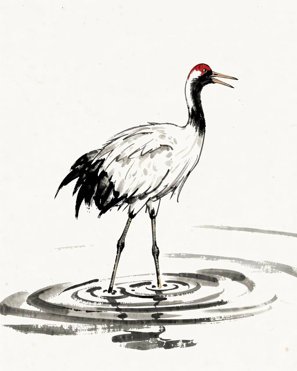 Ink wash painting of a red-crowned crane standing in shallow rippling water on plain paper