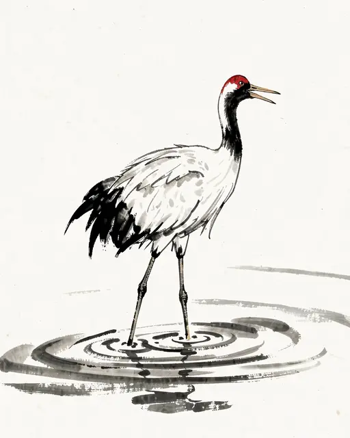 Ink wash painting of a red-crowned crane standing in shallow rippling water on plain paper