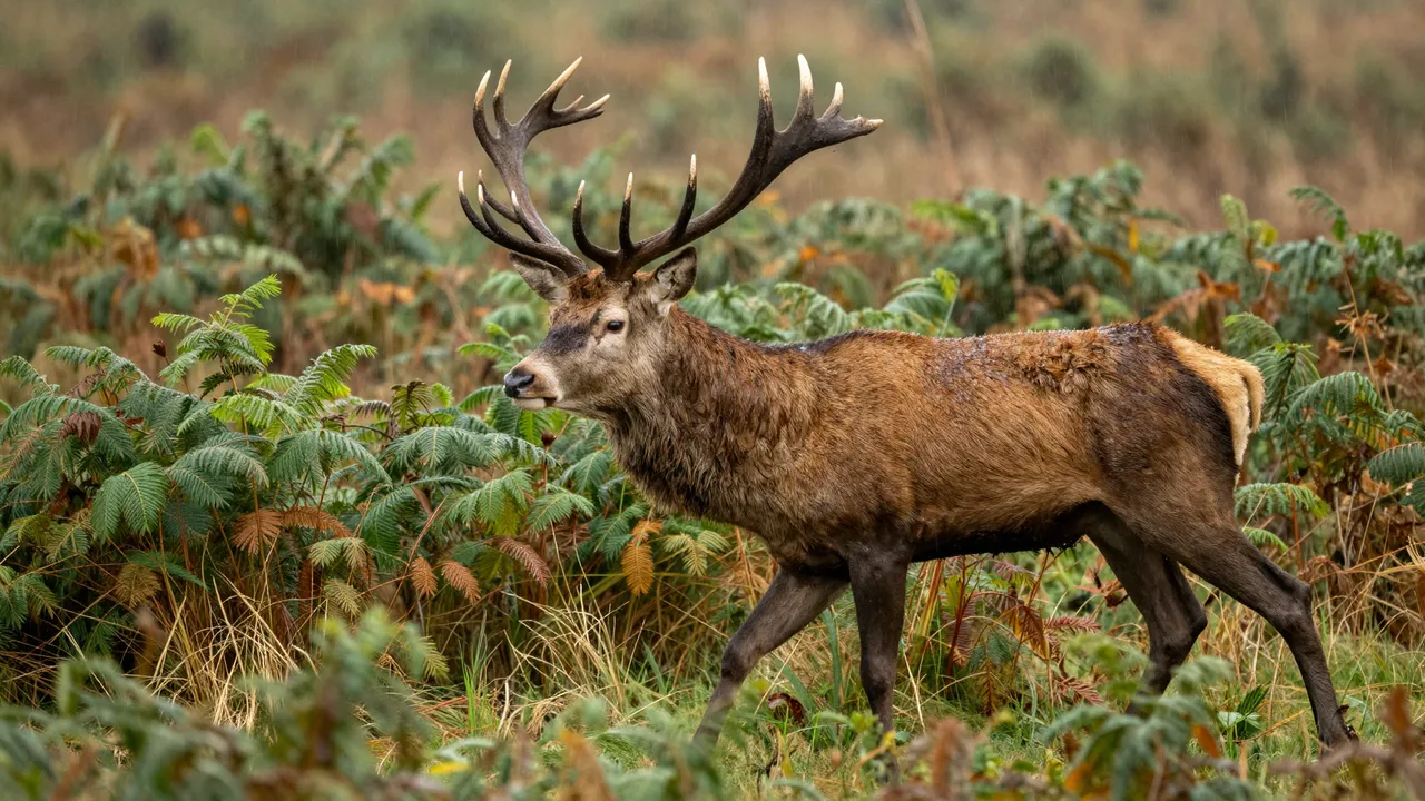 A red deer stag with large dark antlers walks through tall wet bracken during light rain.