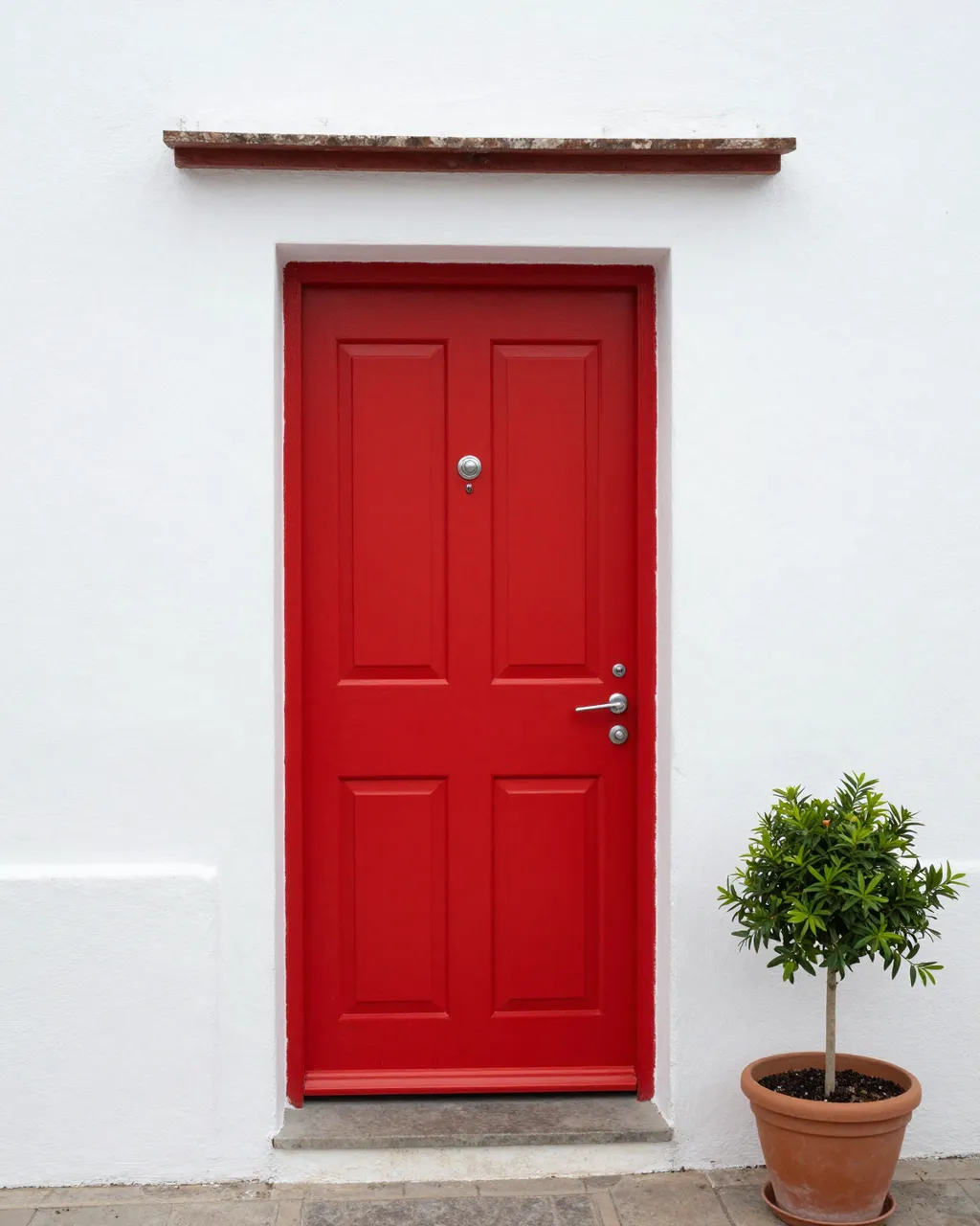 Bright red paneled door set in a whitewashed wall next to a terracotta potted plant