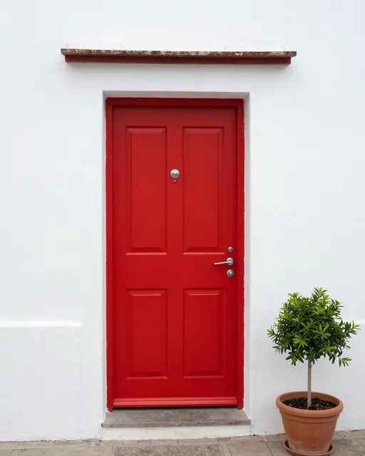 Bright red paneled door set in a whitewashed wall next to a terracotta potted plant