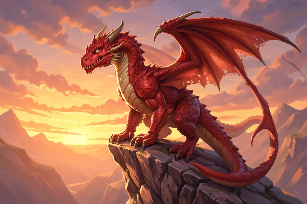 A muscular red scaled dragon perches on a rocky cliff overlooking mountain ranges at golden sunset