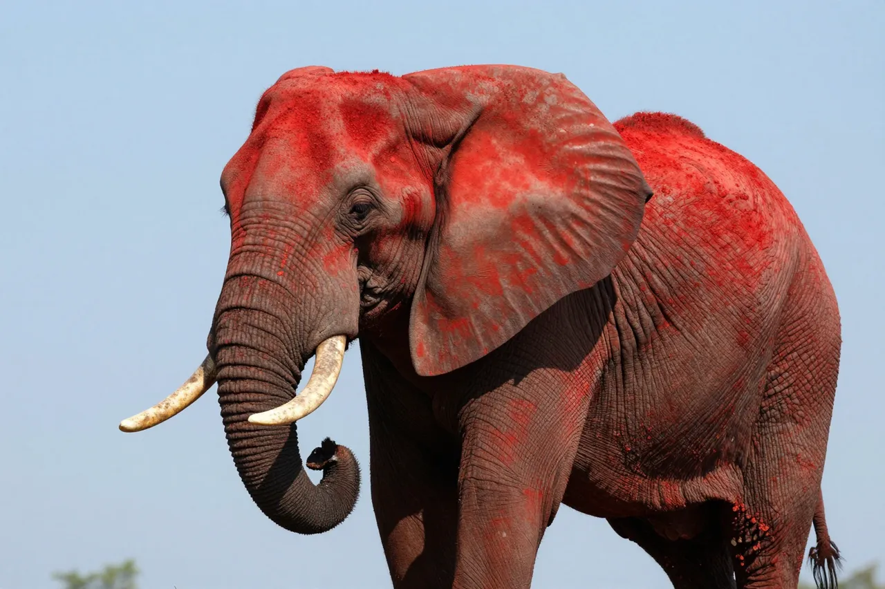 An elephant coated in red dust stands against a clear bright blue sky