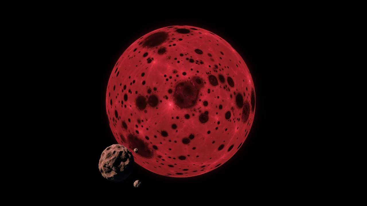 A dim spotted crimson red dwarf star sits behind a small cratered rocky planet in dark space