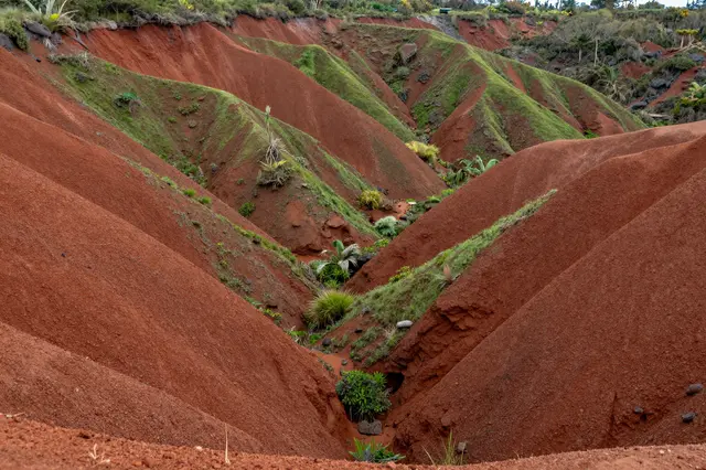 Eroded red earth canyon ridges are lined with bright green grass and scattered tropical vegetation.
