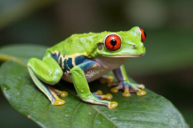 A vibrant red-eyed tree frog rests on a wet leaf in a rainforest environment