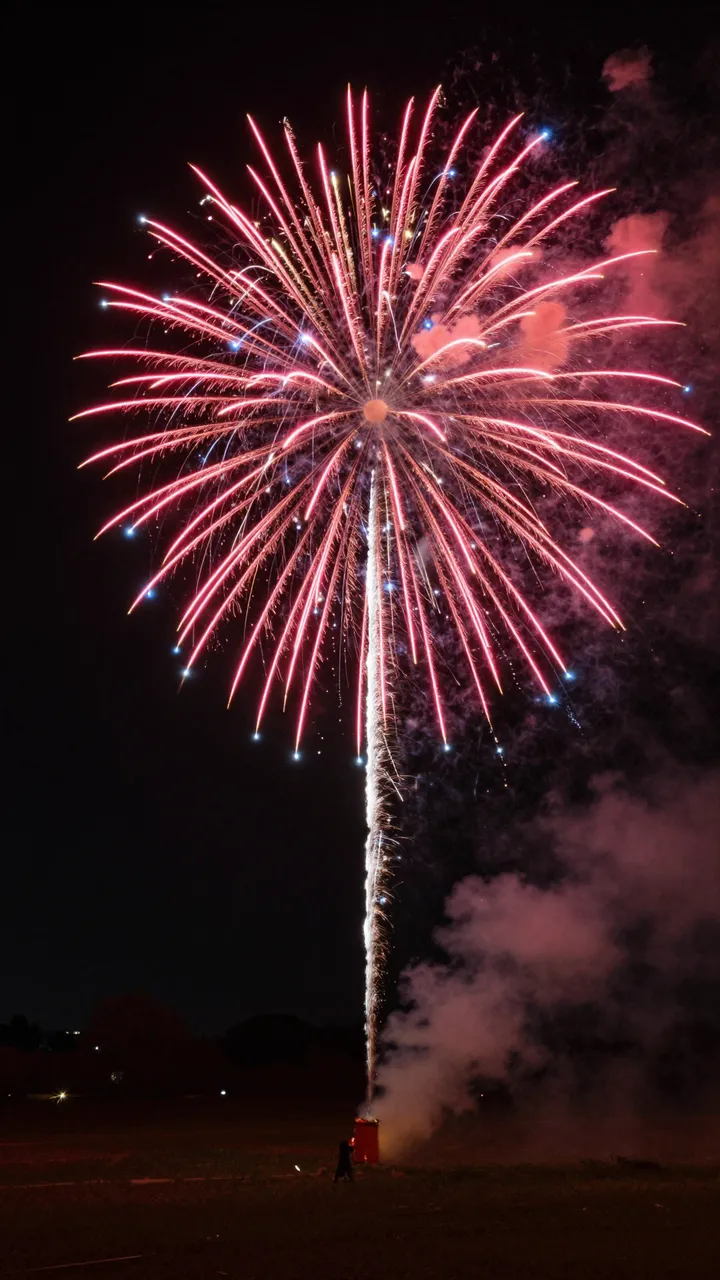 Bright red and blue firework bursts over a dark grassy meadow at night