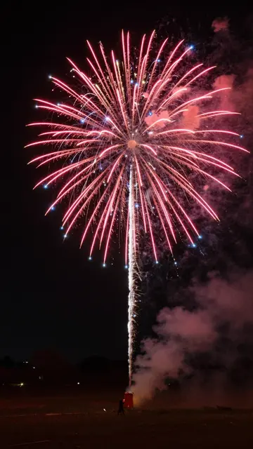 Bright red and blue firework bursts over a dark grassy meadow at night
