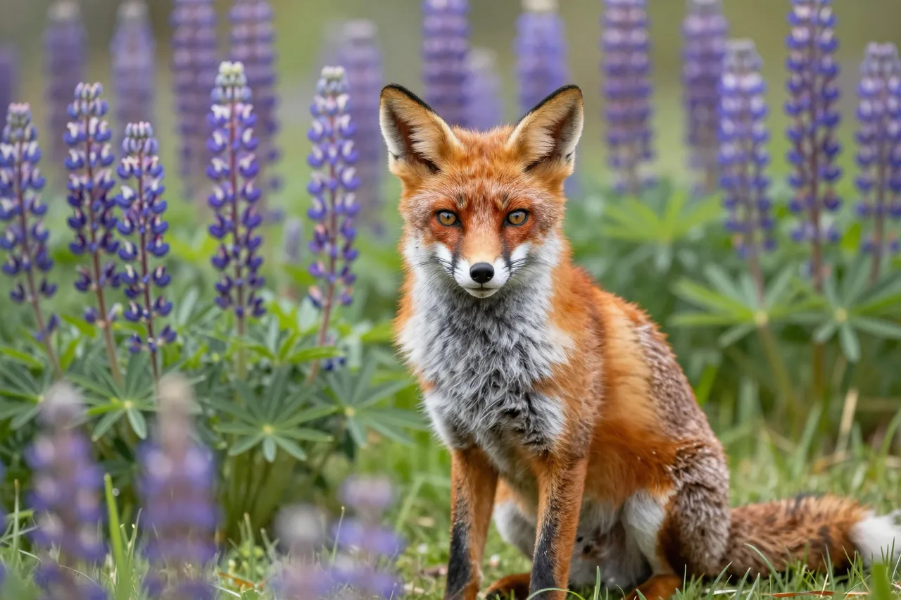 A red fox sits upright facing the camera, surrounded by tall purple lupine flowers in grassy ground cover.
