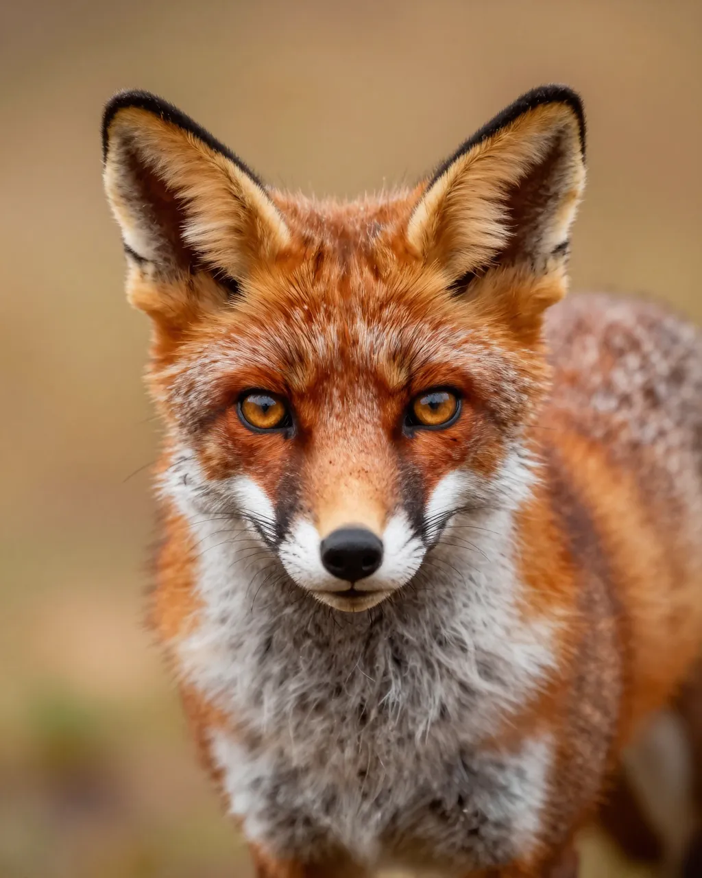 Close-up portrait of a red fox with amber eyes gazing directly at the camera against a soft blurred background