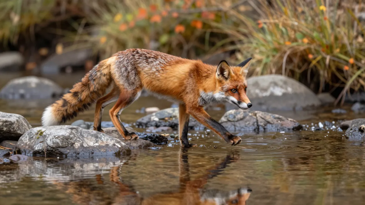 A red fox steps across a shallow rocky stream, its reflection visible in calm water amid autumn riverbank vegetation.