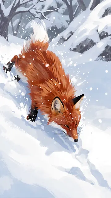 Painterly illustration of a red fox plunging headfirst into deep winter snow with snowflakes flying around it