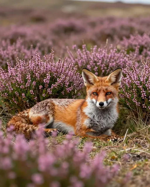 A red fox with alert upright ears lies resting among dense pink heather on a moor