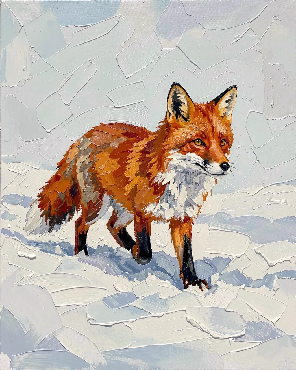 Impasto palette knife oil painting of a red fox trotting across fresh snowy ground