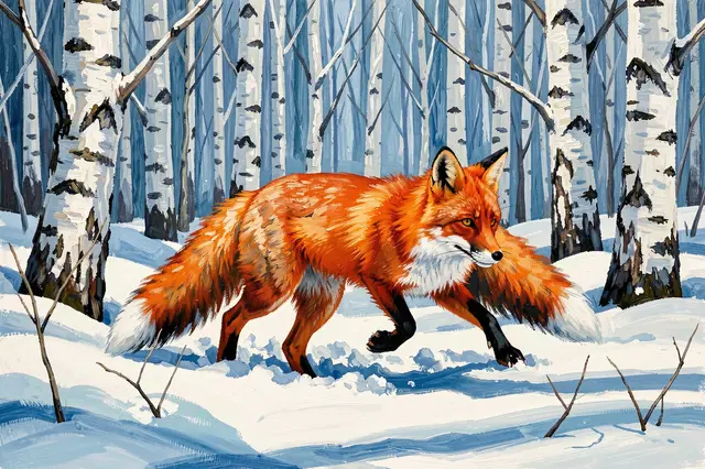 A red fox trots through deep snow in a winter birch forest in a gouache painting
