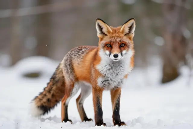 A red fox stands on snow, looking directly toward the camera in a winter woodland setting.