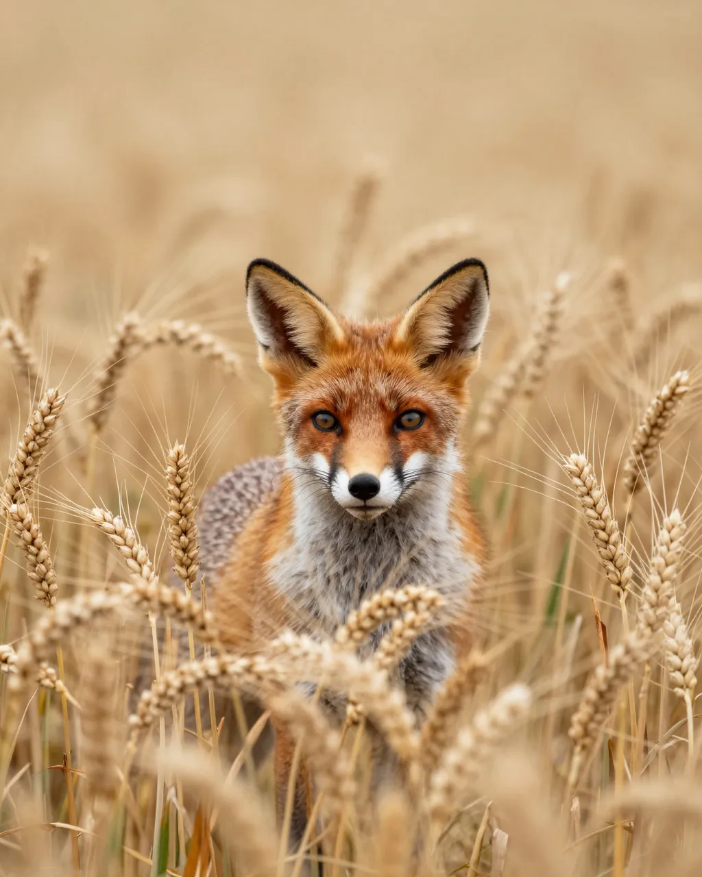 A red fox stands facing the camera, only its head and shoulders visible above tall golden ripe wheat stalks