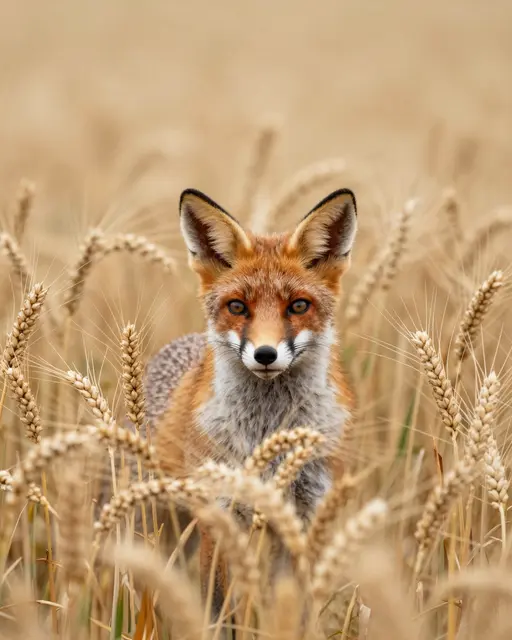 A red fox stands facing the camera, only its head and shoulders visible above tall golden ripe wheat stalks