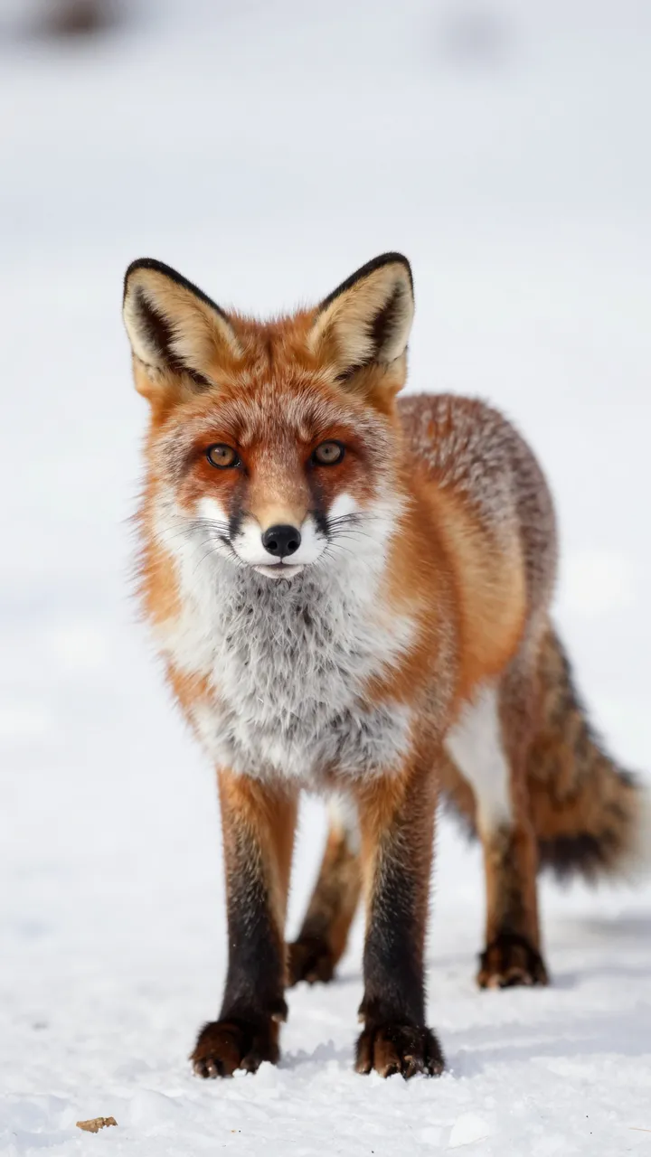 A sharp red fox stands facing the camera on bright white snow in winter