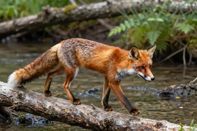 A bright red fox with a white-tipped tail walks slowly across a fallen log spanning a shallow forest stream.