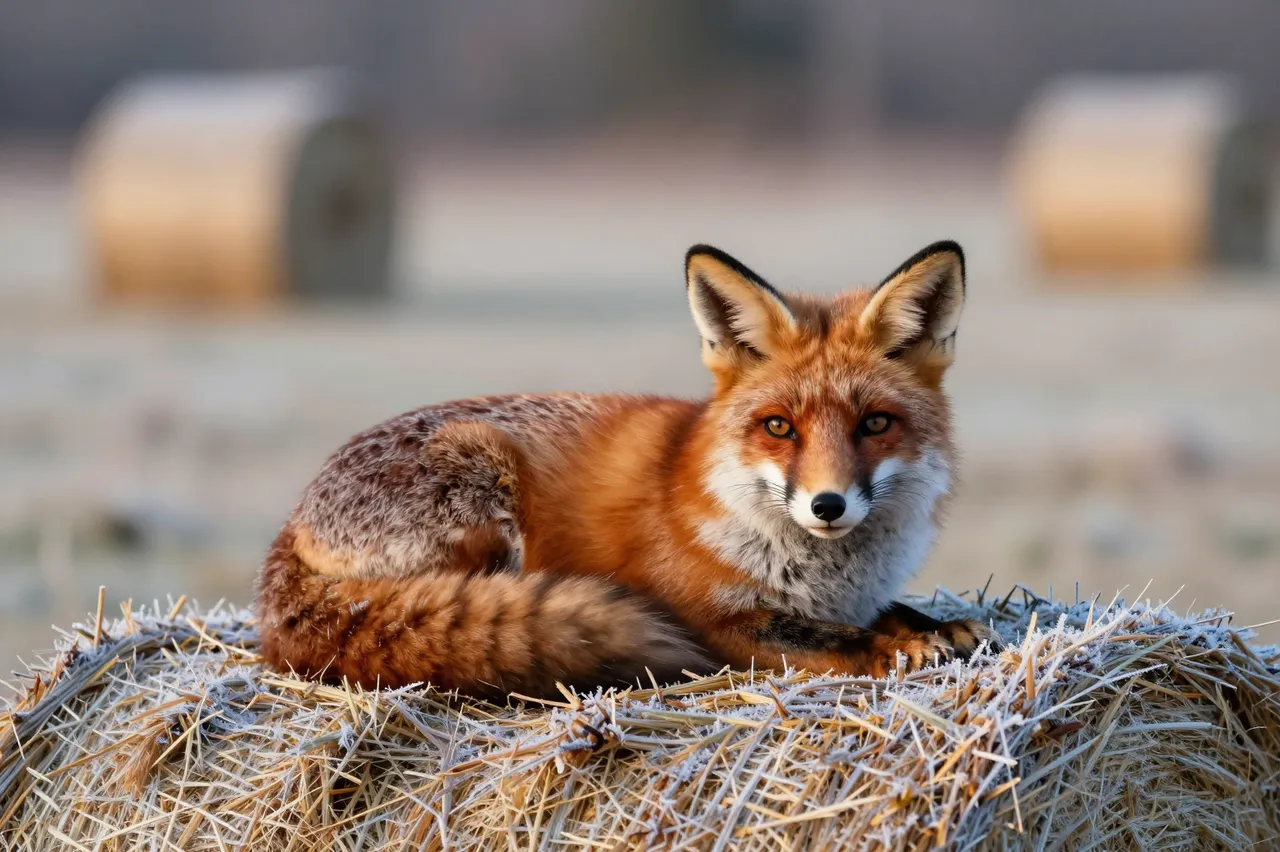 A red fox rests curled on a frosted hay bale in a sunlit frosty field at dawn.