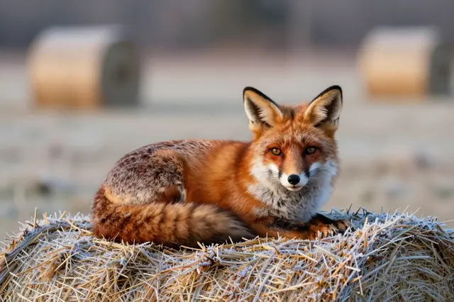 A red fox rests curled on a frosted hay bale in a sunlit frosty field at dawn.