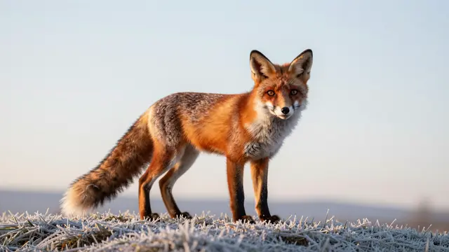 A red fox stands on frost-covered grass looking toward the camera under soft sunrise light