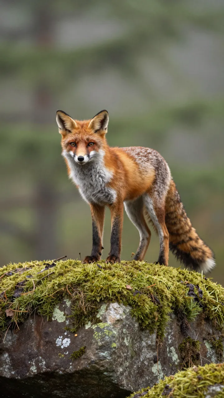 A red fox stands alert on a moss-covered boulder in a misty forest, looking toward the camera.