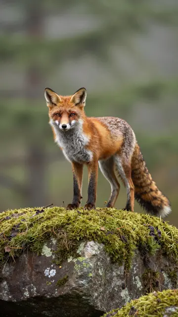 A red fox stands alert on a moss-covered boulder in a misty forest, looking toward the camera.