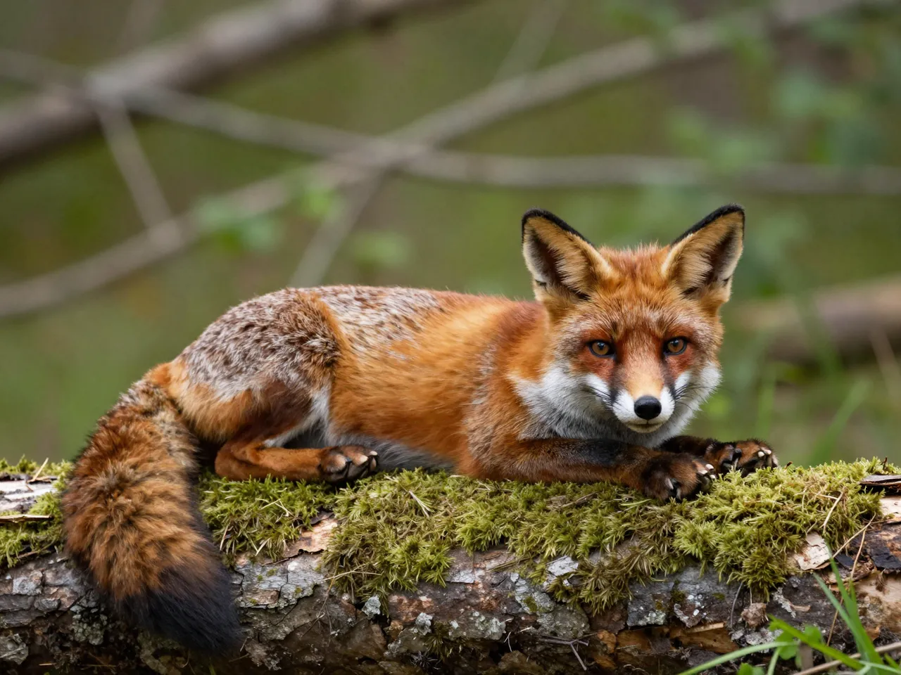 A red fox lies calmly on a moss-covered log, looking directly at the camera in a sun-dappled forest.